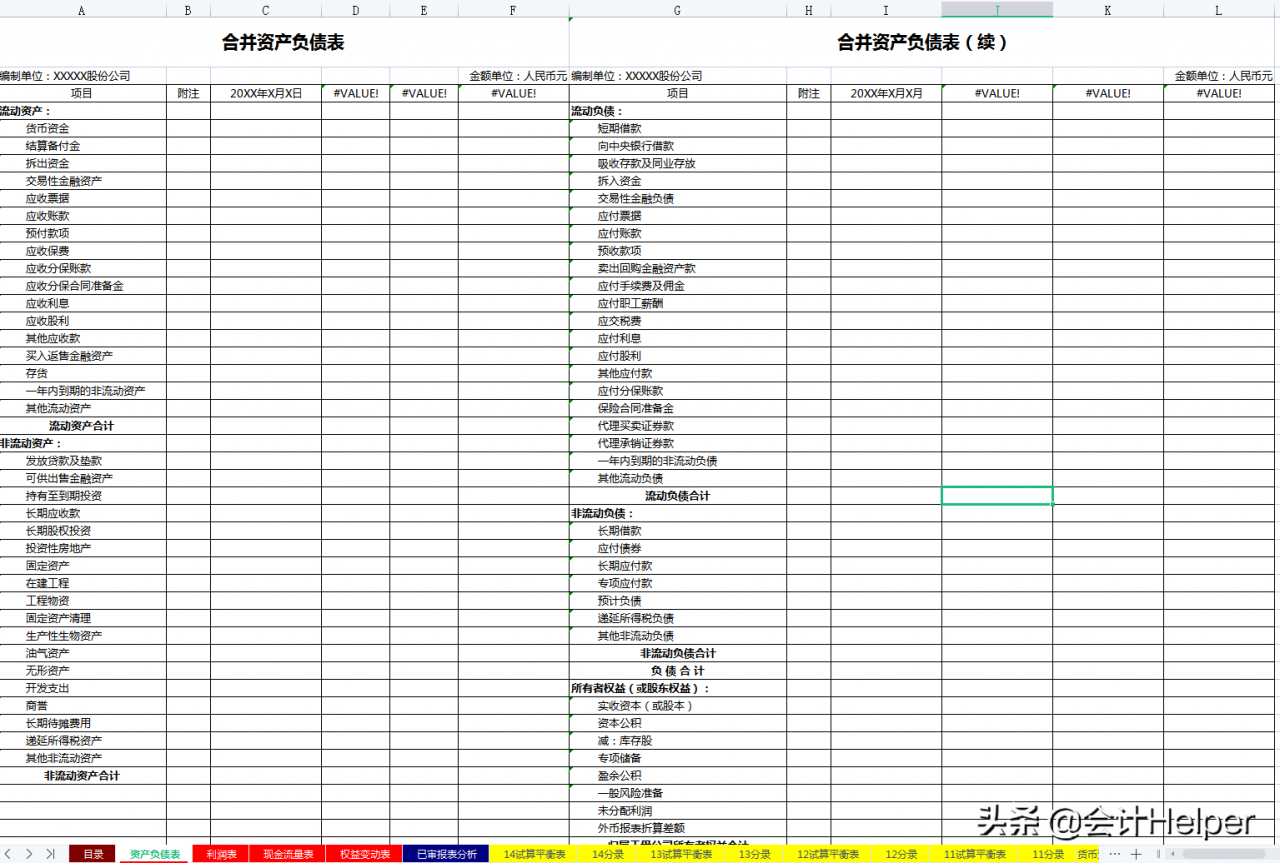 全自动Excel合并财务报表模板,附试算平衡表及附注,直接套用